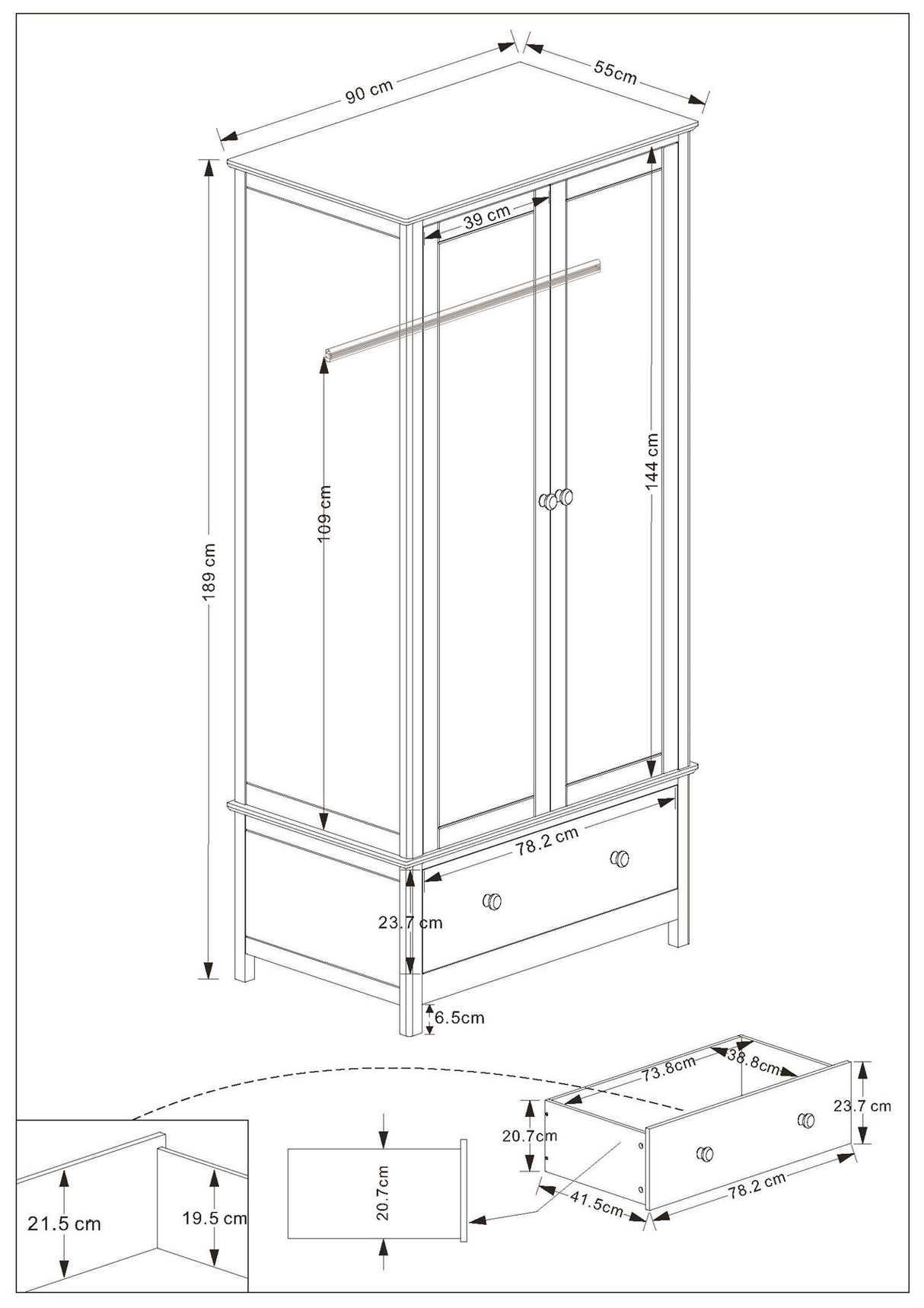 Nairn White 2 door, 1 drawer wardrobe