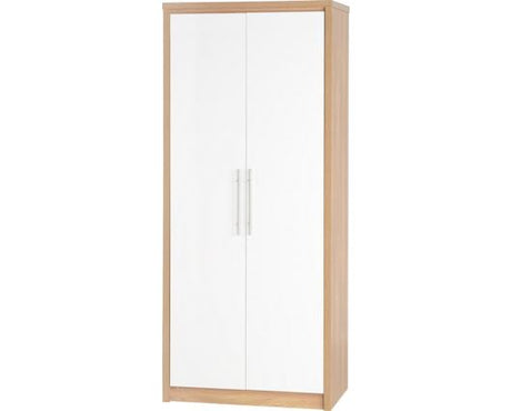 Seville 2 Door Wardrobe - White High Gloss/Light Oak Effect Veneer