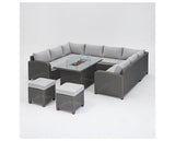 Hadley D.GreyRattan Cornr 8Seat,Firepit Table+2Stools+cover