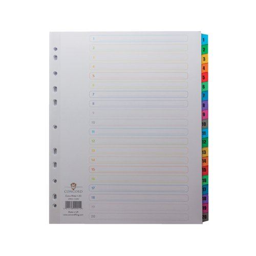 Concord Index 1-20 A4 Extra Wide Multicoloured Mylar Tabs 09901&#47;CS99