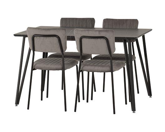 MARLOW & SHELDON DINING SET (X4 CHAIRS) - BLACK MARBLE/GREY VELVET FABRIC