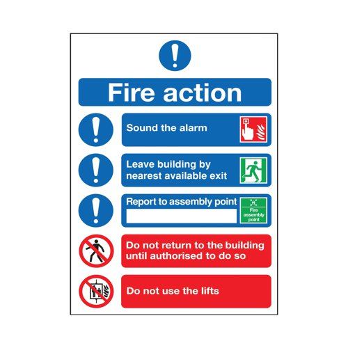 Safety Sign Fire Action Symbols A4 Self Adhesive FR09950S