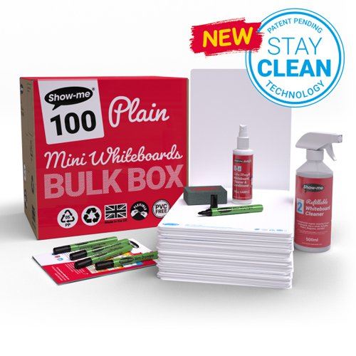 Show-me StayClean A4 Whiteboards Plain&#47;Plain (100 boards pens and erasers + Free cleaners)