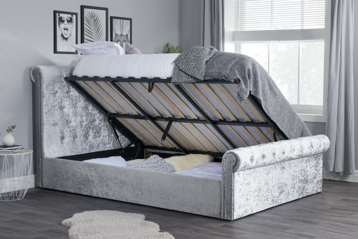 Sienna King Ottoman Bed - Steel Crushed Velvet