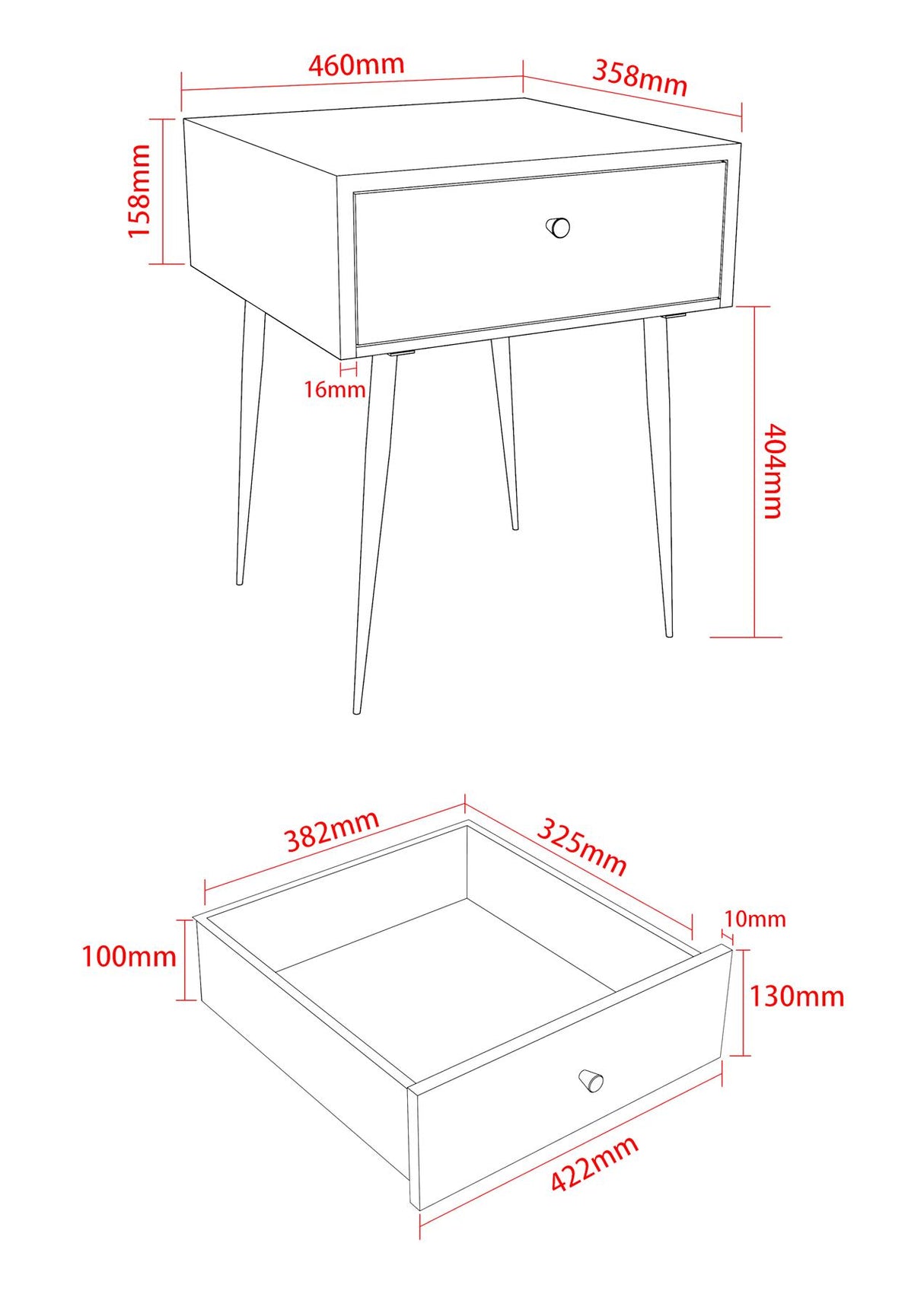 Jupiter metal 1 drawer bedside cabinet, copper drawer with black handle legs