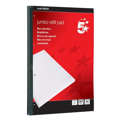 5 Star Office Jumbo Refill Pad Sidebound 60gsm Ruled Margin Punched 4 Holes 400pp A4 Red (Pack of 4)