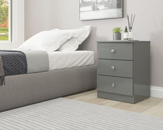DENVER 3 DRAWER BEDSIDE - GREY GLOSS