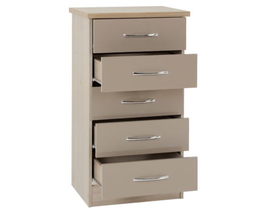 Nevada 5 Drawer Narrow Chest - Oyster Gloss/Light Oak Effect Veneer