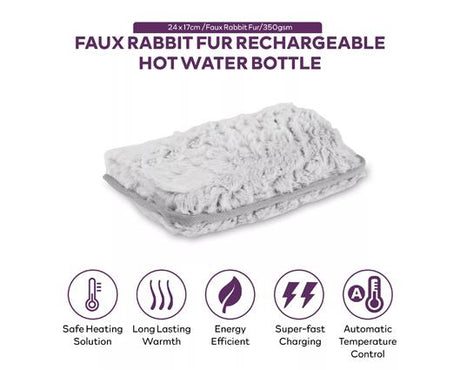 Rechargeable Hot Water Bottle - Grey Faux Fur
