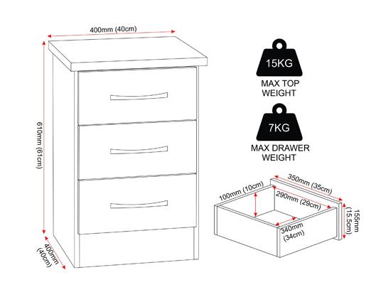 NEVADA 3 DRAWER BEDSIDE - BLACK WOOD GRAIN