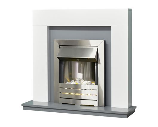 Adam Dakota Fireplace in Pure White & Grey with Helios Electric Fire In Brushed Steel 39 Inch