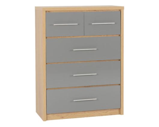Seville 3+2 Drawer Chest - Grey High Gloss/Light Oak Effect Veneer