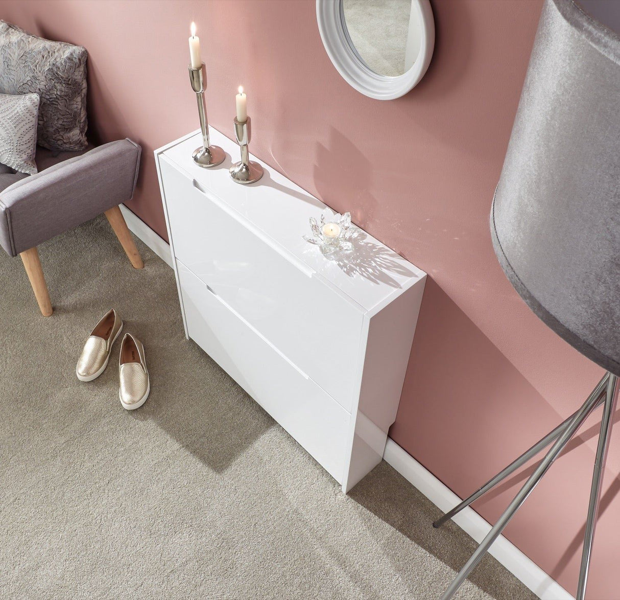 Narrow high gloss 2 tier shoe cabinet white