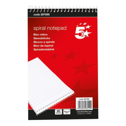 5 Star Office Shorthand Pad Wirebound 60gsm Ruled 160pp 127x200mm Red&#47;White (Pack of 10)