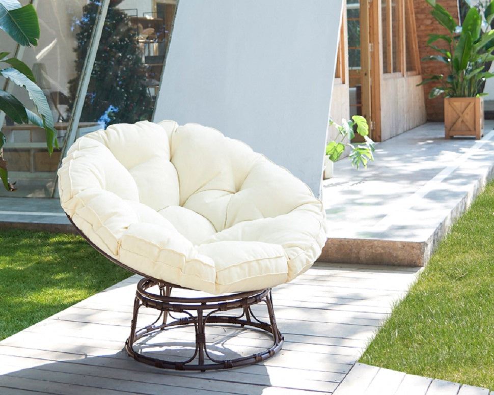 Monica Brown Swivel Moon Chair with Cream Cushions