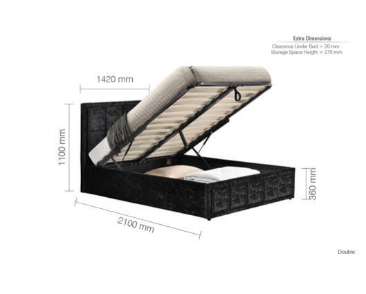 Hannover Small Double Ottoman Bed - Black Crushed Velvet