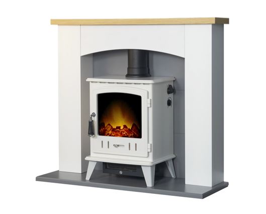 Adam Huxley in Pure White & Grey with Aviemore Electric Stove in White Enamel, 39 Inch