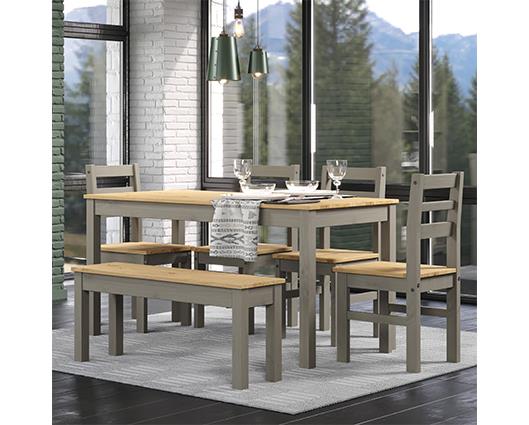 Grey Corona large Linea table, bench + 4 chair Set, 1xCRGTB6 + 1xCRG109 + 2xCRG107 (pair)