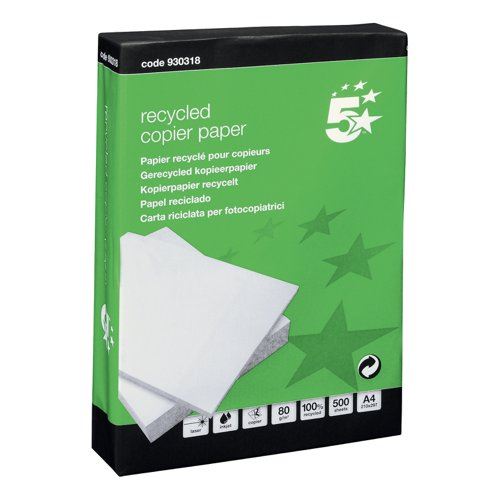 5 Star Eco Copier Paper Recycled 80gsm A4 White Ream-Wrapped (Pack of 5)