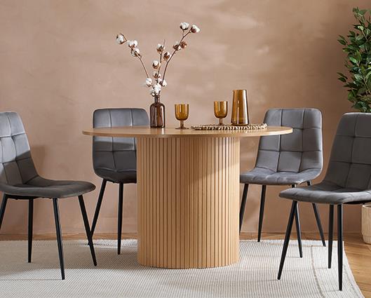 Axel Round Fluted Dining Table with 4 Fabric Chairs - Oak