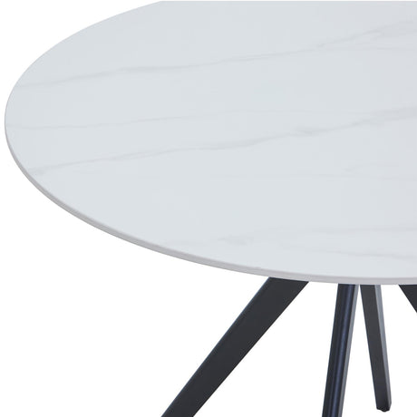 Aspen round dining table, gloss white sintered stone table top with black pedestal leg
