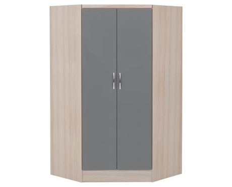 NEVADA 2 DOOR CORNER WARDROBE - GREY GLOSS/LIGHT OAK EFFECT VENEER