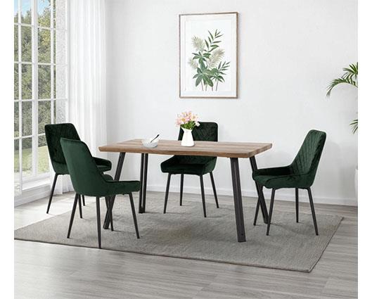 QUEBEC WAVE & AVERY DINING SET (X4 CHAIRS) - MEDIUM OAK EFFECT/EMERALD GREEN VELVET