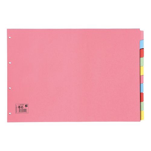 5 Star Subject Dividers 10-Part Recycled Card Multipunched 4 Hole 155gsm Landscape A3 Assorted