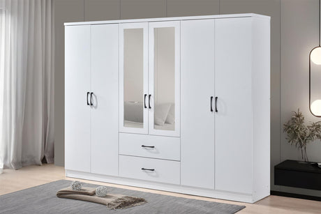6 Door Wardrobe - White (Black Handles)
