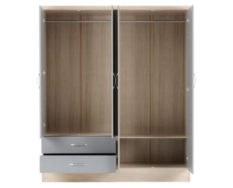 Nevada 4 Door 2 Drawer Mirrored Wardrobe - Grey Gloss/Light Oak Effect Veneer