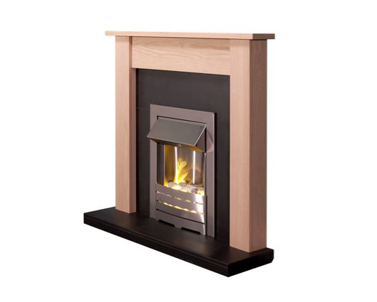 Adam Southwold Fireplace Suite in Oak and Black with Helios Electric Fire in Brushed Steel, 43 Inch
