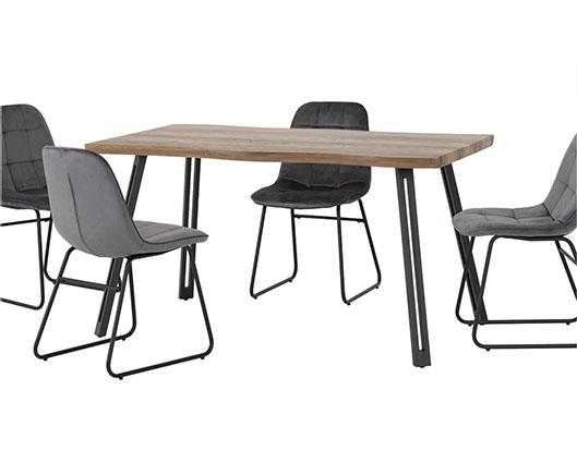 QUEBEC WAVE & LUKAS DINING SET (X4 CHAIRS) - MEDIUM OAK EFFECT/GREY VELVET