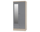 Nevada Mirrored 2 Door 1 Drawer Wardrobe - Grey Gloss/Light Oak Effect Veneer