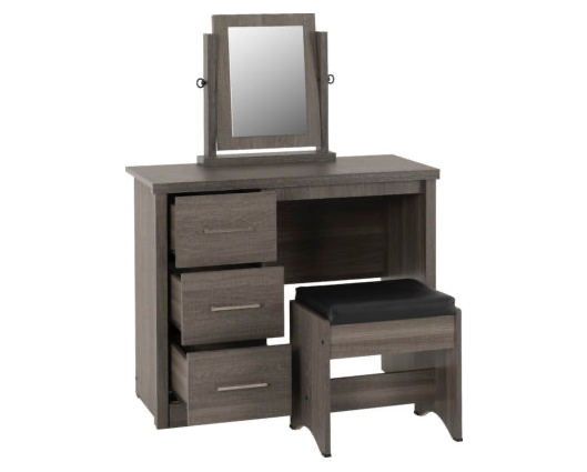 Lisbon 3 Piece Dressing Table Set with Mirror - Black Wood Grain/Black Faux Leather