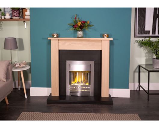 Adam Southwold Fireplace Suite in Oak and Black with Helios Electric Fire in Brushed Steel, 43 Inch