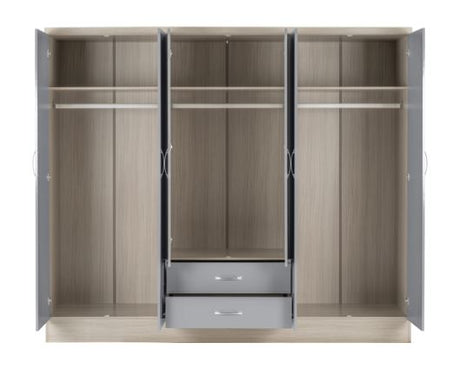Nevada 6 Door 2 Drawer Mirrored Wardrobe - Grey Gloss/Light Oak Effect Veneer