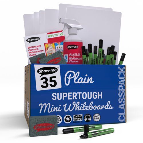 Show-me SUPERTOUGH A4 Whiteboards Plain&#47;Plain Classpack (35 boards pens and erasers + Free cleaners)