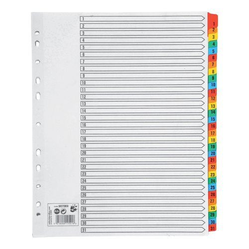 5 Star Office Maxi Index 1-31 Multipunched Mylar-reinforced Multicolour Tabs Extra Wide A4+ White