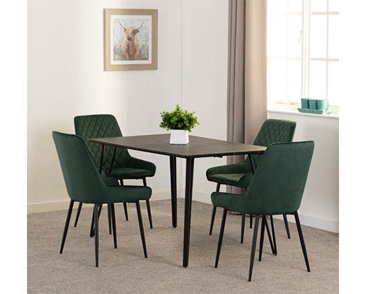 MARLOW & AVERY DINING SET (X4 CHAIRS) - BLACK MARBLE/EMERALD GREEN VELVET