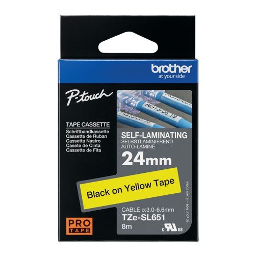 Brother P-Touch TZe Self-Laminating Tape Cassette 24mm x 8m Black on Yellow Tape TZE-SL651