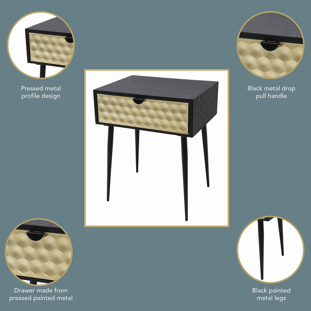 Jupiter metal 1 drawer bedside cabinet, gold drawer with black handle and legs