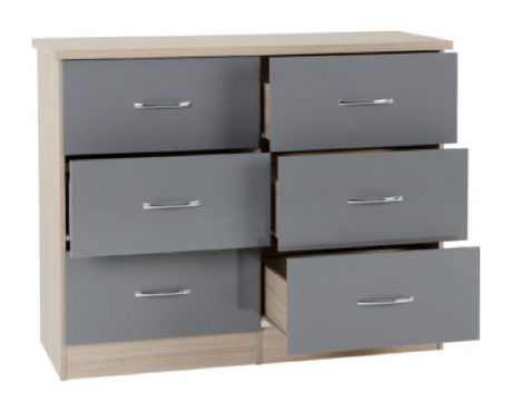 Nevada 6 Drawer Chest - Grey Gloss/Light Oak Effect Veneer