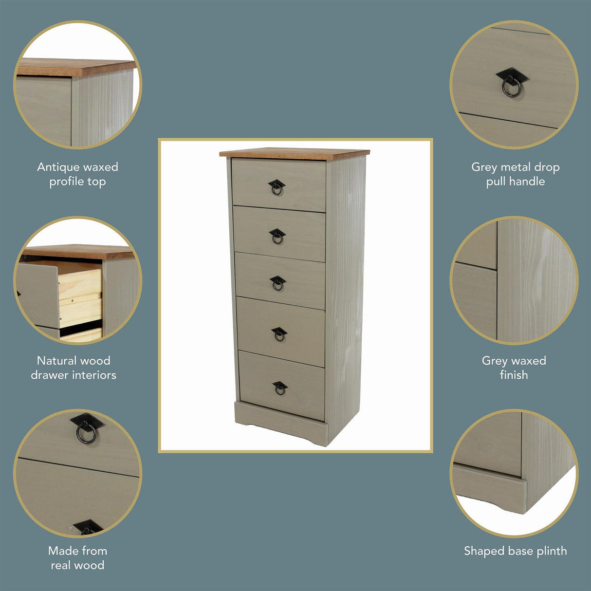 Corona Classic 5 drawer narrow chest of drawers