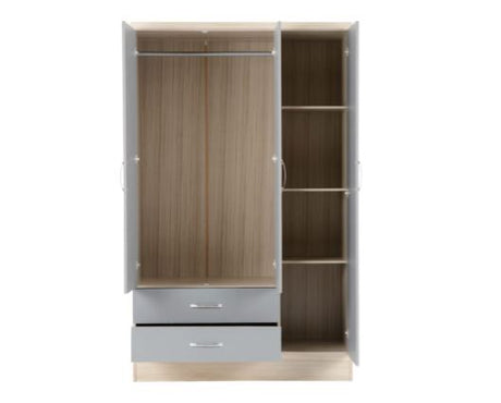 Nevada 3 Door 2 Drawer Mirrored Wardrobe - Grey Gloss/Light Oak Effect Veneer