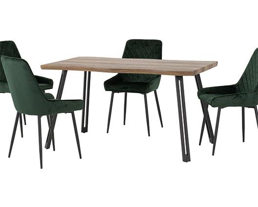 QUEBEC WAVE & AVERY DINING SET (X4 CHAIRS) - MEDIUM OAK EFFECT/EMERALD GREEN VELVET