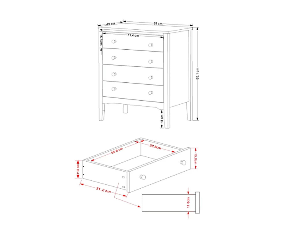 Como 4 Drawer Chest-Light Grey