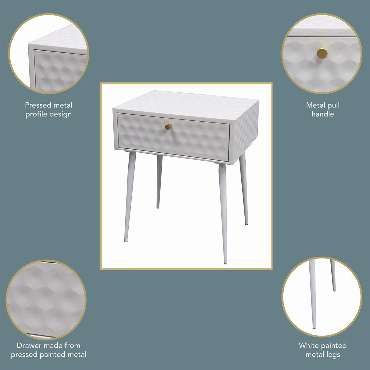 Saturn metal 1 drawer bedside cabinet, white with gold handle