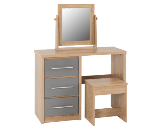 Seville 3 Drawer Dressing Table Set - Grey High Gloss/Light Oak Effect Veneer