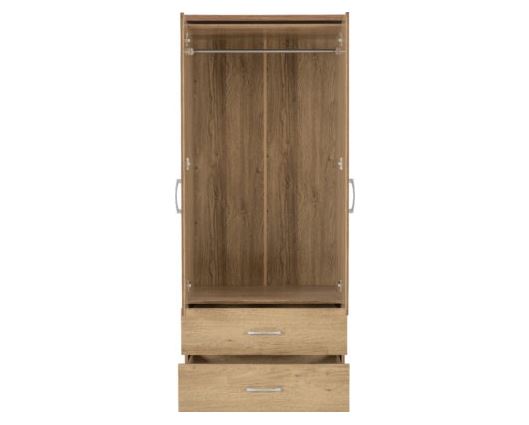 Charles 2 Door 2 Drawer Wardrobe - Oak Effect Veneer with Walnut Trim