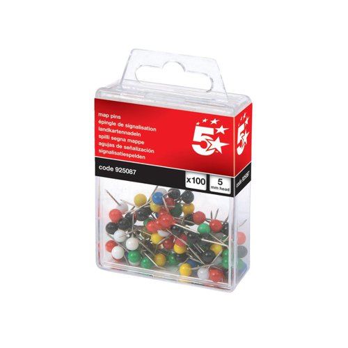 5 Star Office Map Pins 5mm Head Assorted (Pack of 100)